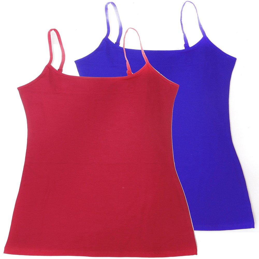 Active Basic Women's Long Cami w/Built in Bra Adjustable Strap - 2 Pack - Red, Royal, Small
