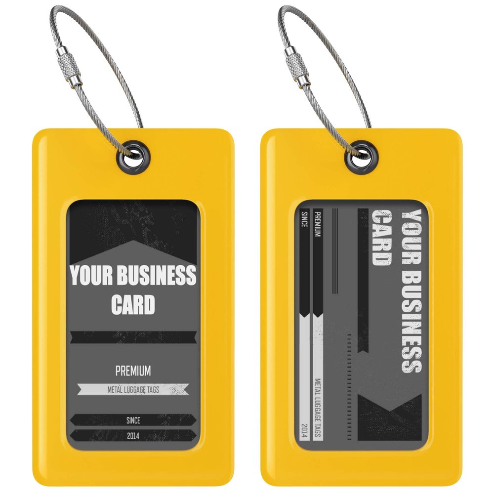 Luggage Tags Business Card Holder by TUFFTAAG - Flexible PVC Travel ID Bag Tag, Yellow, 2 Pack