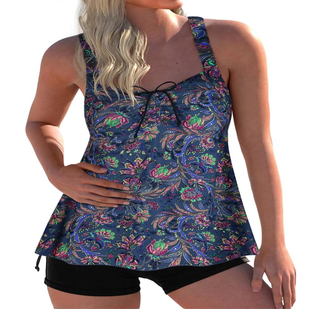 Hilor Women's Plus Size Swimsuit Paisley Print Tankini Bathing Suits Tummy Control Two Piece Swimwear Grey&Red Floral 12