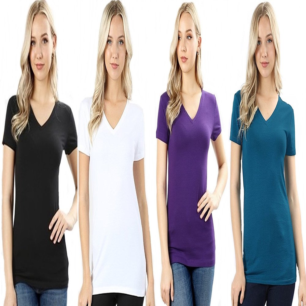 4 Pack Zenana Women's Basic V-Neck T-Shirts Large Black, White, Purple, Teal