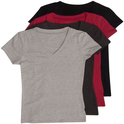 4 Pack Zenana Women's Basic V-Neck Tees Med Black, Charcoal, Burgundy, H Gray