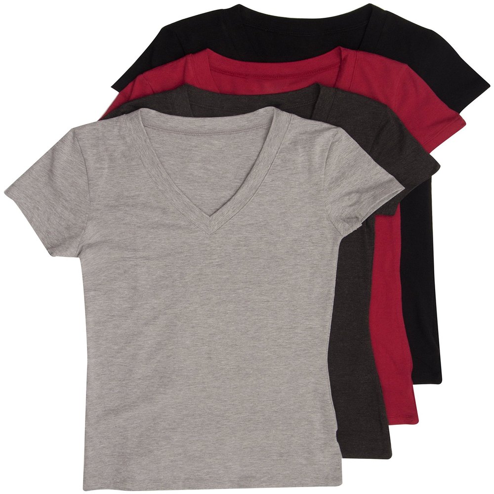 4 Pack Zenana Women's Basic V-Neck Tees Med Black, Charcoal, Burgundy, H Gray