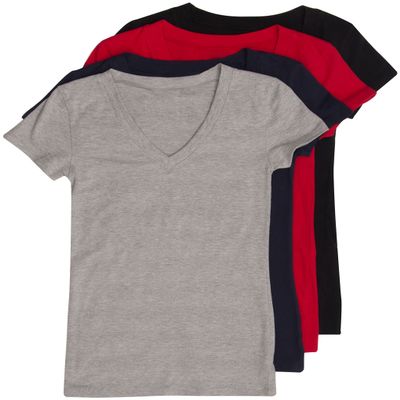 4 Pack Zenana Women's Basic V-Neck T-Shirts Small Black, H Gray, Navy, Red
