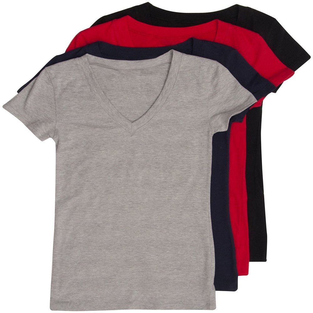 4 Pack Zenana Women's Basic V-Neck T-Shirts Small Black, H Gray, Navy, Red