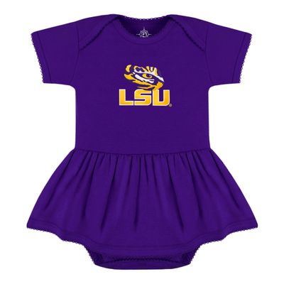 Creative Knitwear College Baby Picot Bodysuit Dress - LSU Tigers LSU + Tiger Eye Logo - Purple - 6-9 Months