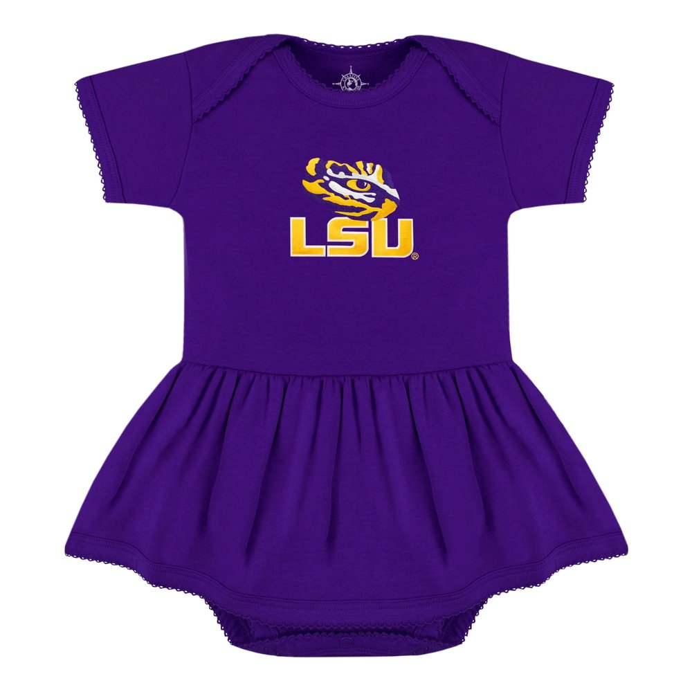 Creative Knitwear College Baby Picot Bodysuit Dress - LSU Tigers LSU + Tiger Eye Logo - Purple - 6-9 Months
