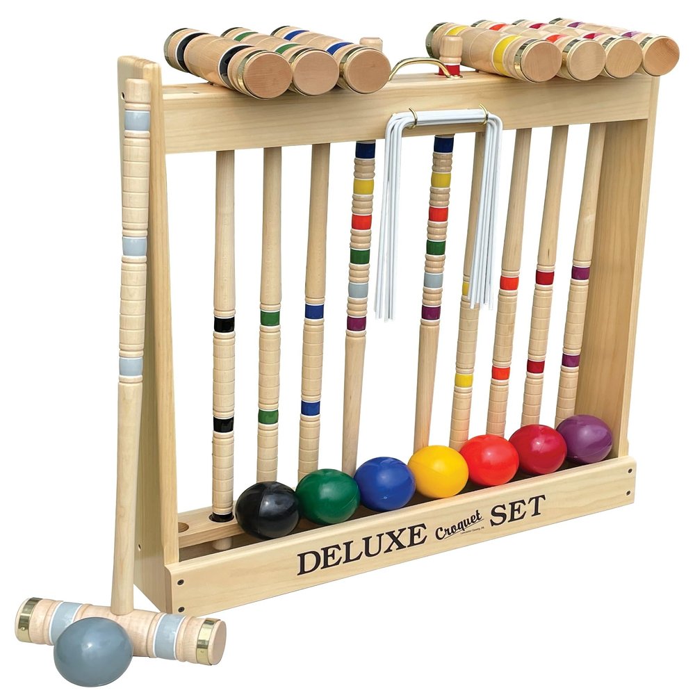 8 Player Croquet Set Amish-Made in Wood Rack with 28"" Handles