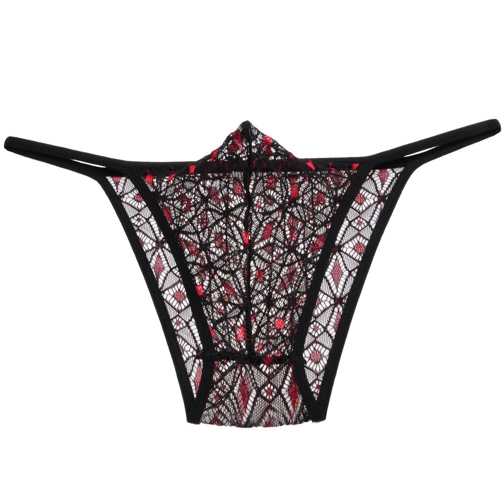 Jaxu Men's Rhombic Lace Bikini Briefs Side Open Underwear See-through See-through Cheeky Briefs M Black