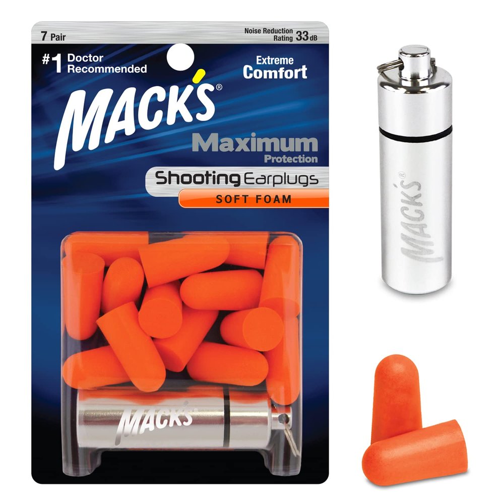 Mack's Maximum Protection Soft Foam Shooting Ear Plugs - 7 Pair Plus Travel Case, 33 dB Highest NRR Comfortable Earplugs for Hunting, Tactical, Target, Skeet and Trap Shooting | Made in USA