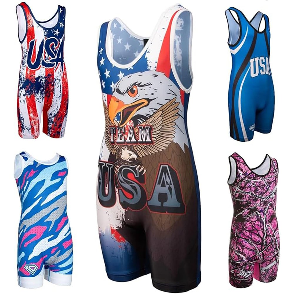 KO Sports Gear Unisex Wrestling Singlet for Adult Wrestlers - Wrestling Singlet for Men & Women - Bold Durable Uniform, Stretchy Breathable Material - USA Eagle, Adult 3X-Large