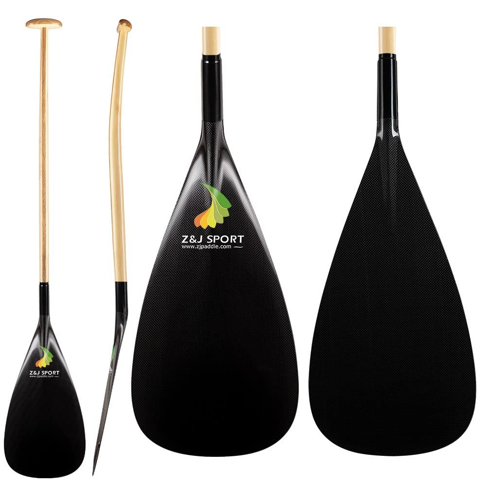 Z&J SPORT Hybrid Outrigger Paddle, Teardrop Shape Carbon Blade for Outrigger Canoe Waka AMA, vaa, Wooden Bent Shaft and 12Offset (M,48")