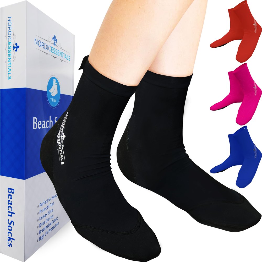 Nordic Essentials Aqua Beach Socks - 1 Pair - for Sand Soccer, Volleyball, Swim, Diving, Snorkel Equipment for Men, Women, Kids, Youth - Neoprene Lycra Waterproof Booties - Sun Protection L - Black