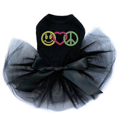 Smilley Face, Love, Peace - Bling Rhinestone Dog Tutu Dress, 2XL Black