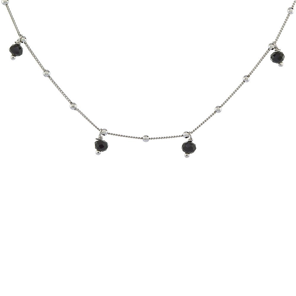 Sterling Silver Faceted Black Spinel Station Necklace Rhodium Finish Italy 19-20 inch