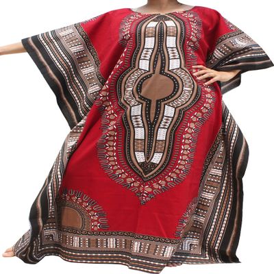 RaanPahMuang Brand Dashiki Festival Print Side Stitch Dress Full One, Large, Red Brown