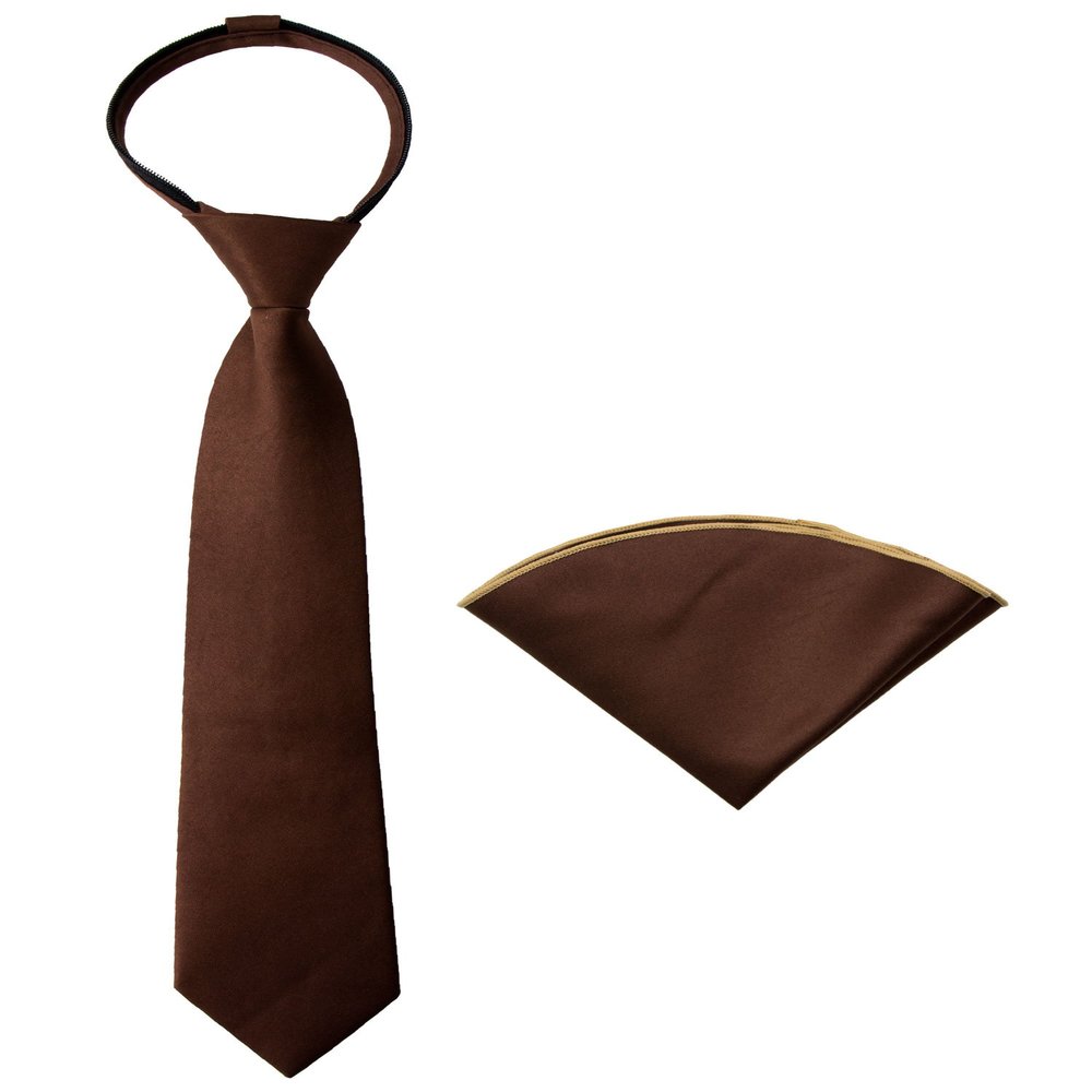Spring Notion Boys' Satin Zipper Necktie and Handkerchief Set Extra Small Brown
