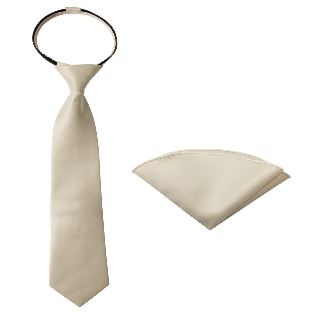 Spring Notion Boys' Satin Zipper Necktie and Handkerchief Set Extra Small Champagne
