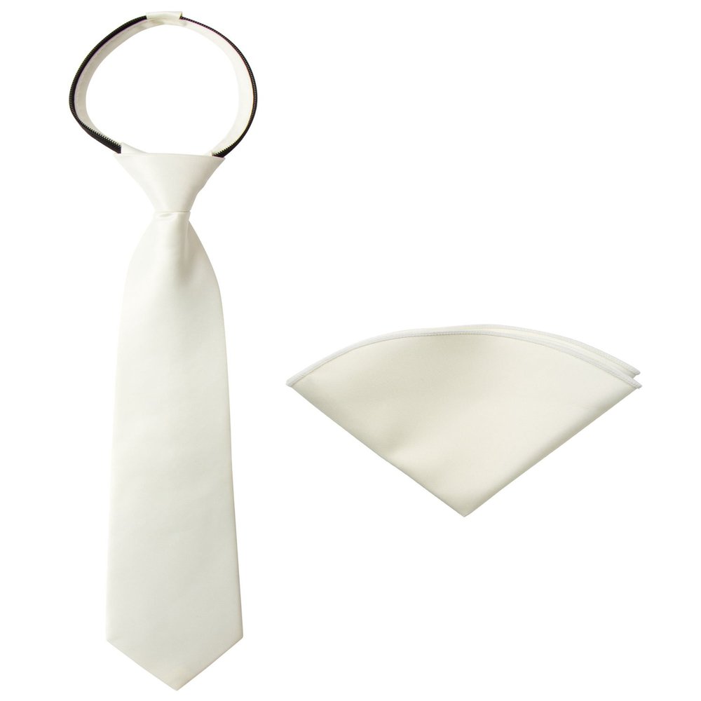 Spring Notion Boys' Satin Zipper Necktie and Handkerchief Set Small Ivory
