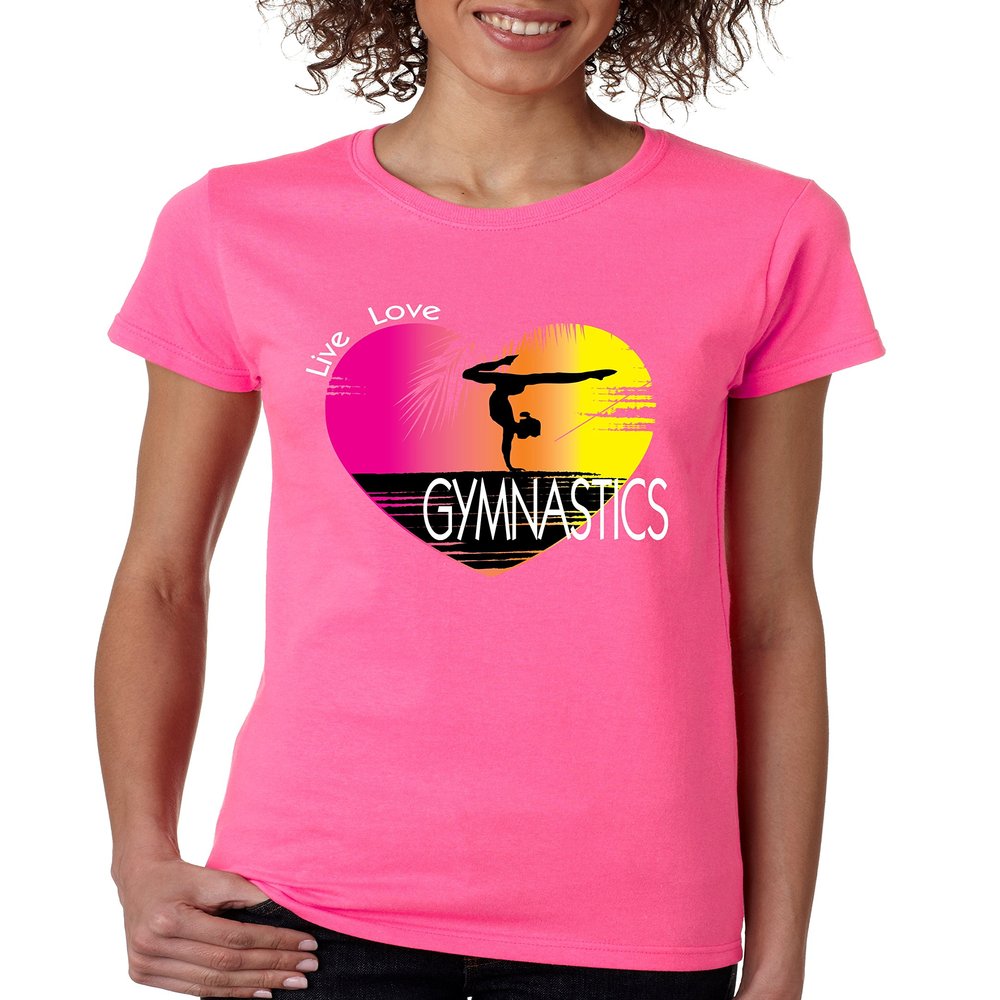 ALLNTRENDS Women's T Shirt Gymnastics Art Pink Print Love Gym Top (L, Safety Pink)