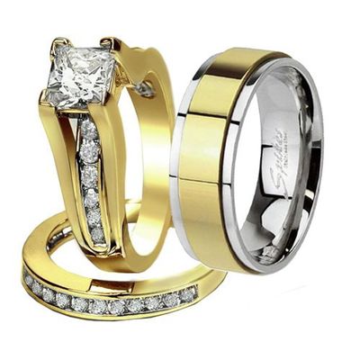 Marimor Jewelry His and Her 14K Gold Plated Stainless Steel 3 Piece Wedding Engagement Ring and Men's Band Set Women's Size 09 Men's Size 11