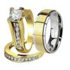Marimor Jewelry His and Her 14K Gold Plated Stainless Steel 3 Piece Wedding Engagement Ring and Men's Band Set Women's Size 09 Men's Size 11 view 1