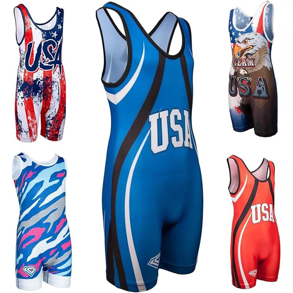 KO Sports Gear Unisex Wrestling Singlet for Adult Wrestlers - Wrestling Singlet for Men & Women - Bold Durable Uniform, Stretchy Breathable Material - USA Blue, Adult Medium