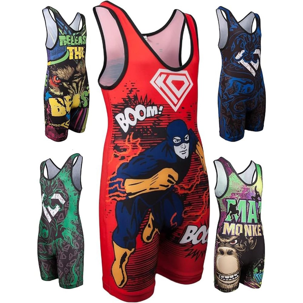 KO Sports Gear Unisex Wrestling Singlet for Youth Wrestlers - Wrestling Singlet for Boys & Girls - Bold Durable Uniform, Stretchy Breathable Material - Flash Hero, Youth Medium