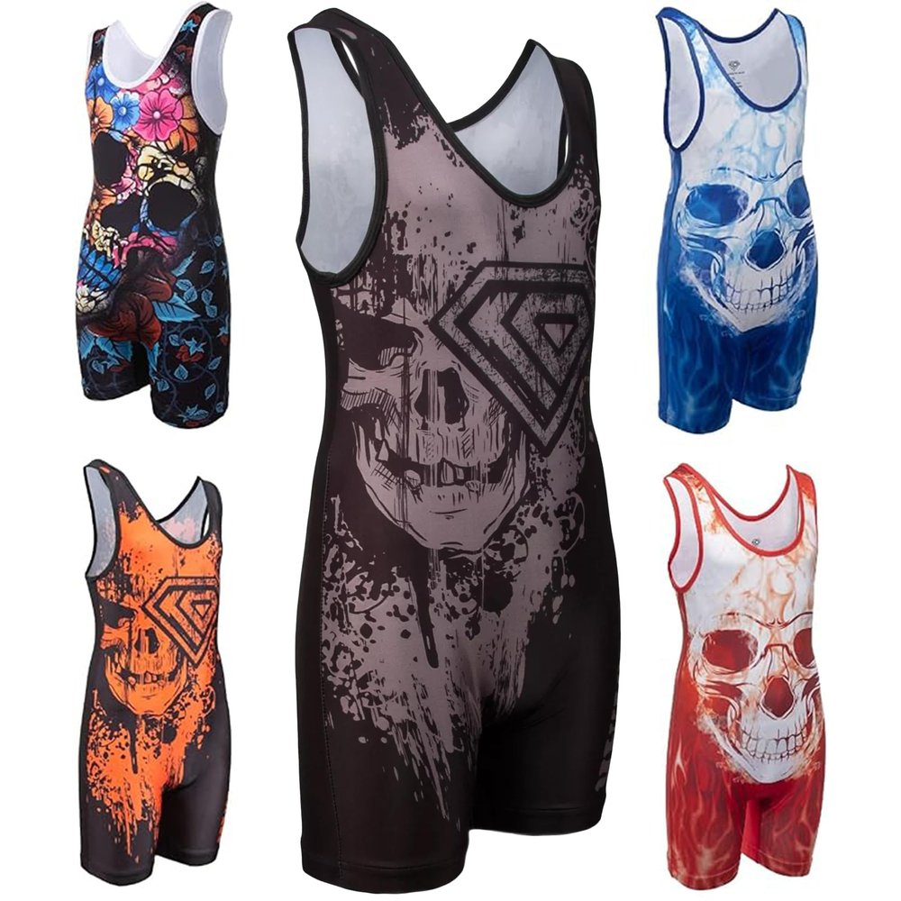 KO Sports Gear Unisex Wrestling Singlet for Adult Wrestlers - Wrestling Singlet for Men & Women - Bold Durable Uniform, Stretchy Breathable Material - Silver Skull, Adult Medium
