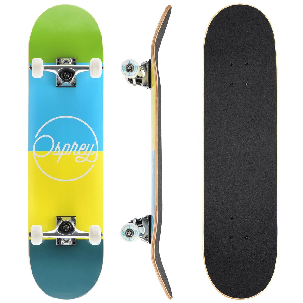 Osprey | Complete Skateboard, 31" x 8" Double Kick Skateboard for Kids and Adults, Concave Deck, Includes Grip Tape, Deck and Wheels, Blocks Multiple Designs