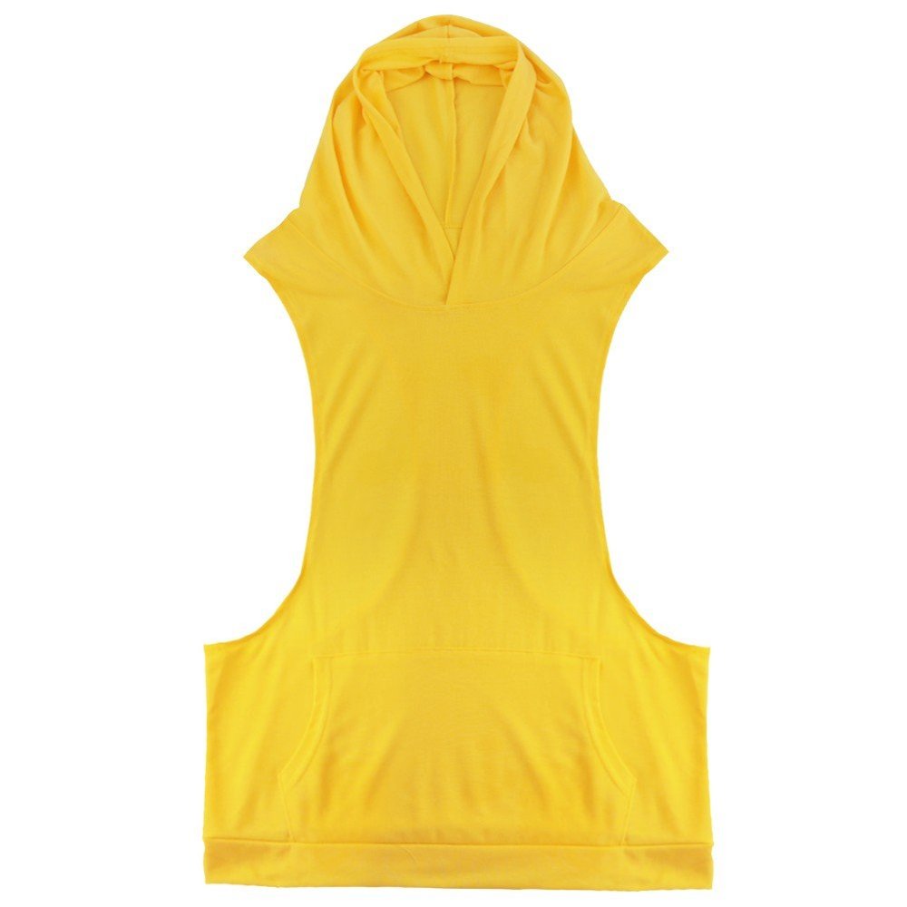FEESHOW Men's Hooded Gym Tank Top Stringer Bodybuilding Vest Workout Muscle Shirt Yellow X-Large