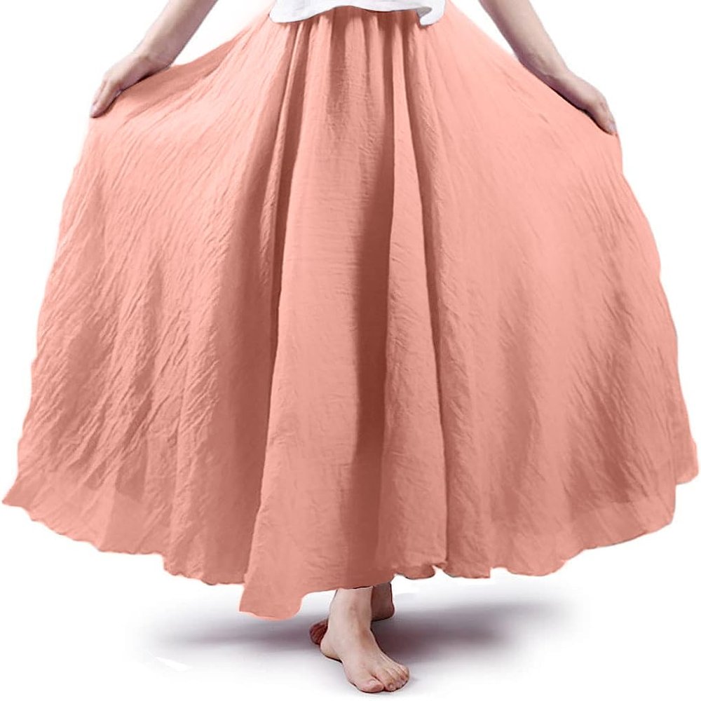 ASHER FASHION Women's Bohemian Style Elastic Waist Band Cotton Linen Long Maxi Skirt Dress (95CM, Coral)