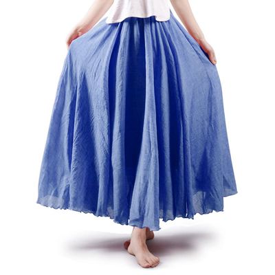 ASHER FASHION Women's Bohemian Style Elastic Waist Band Cotton Linen Long Maxi Skirt Dress (95CM, Denim Blue)