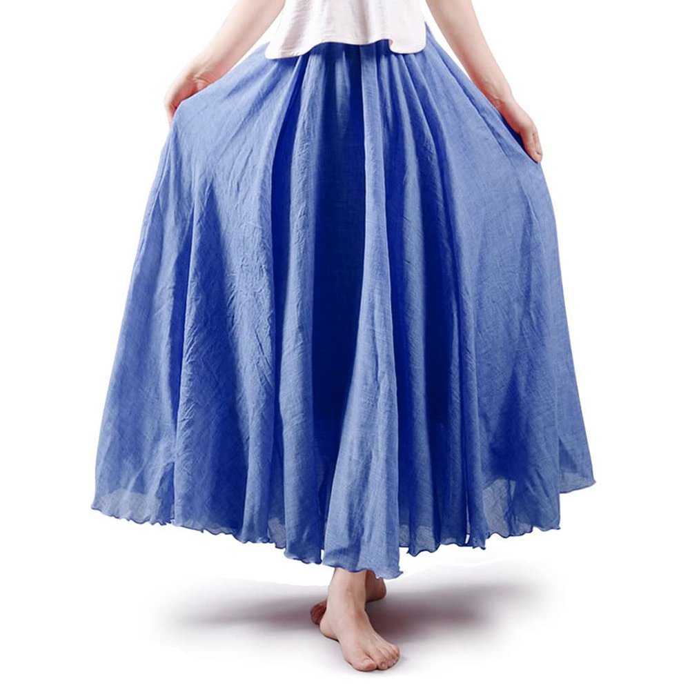 ASHER FASHION Women's Bohemian Style Elastic Waist Band Cotton Linen Long Maxi Skirt Dress (95CM, Denim Blue)