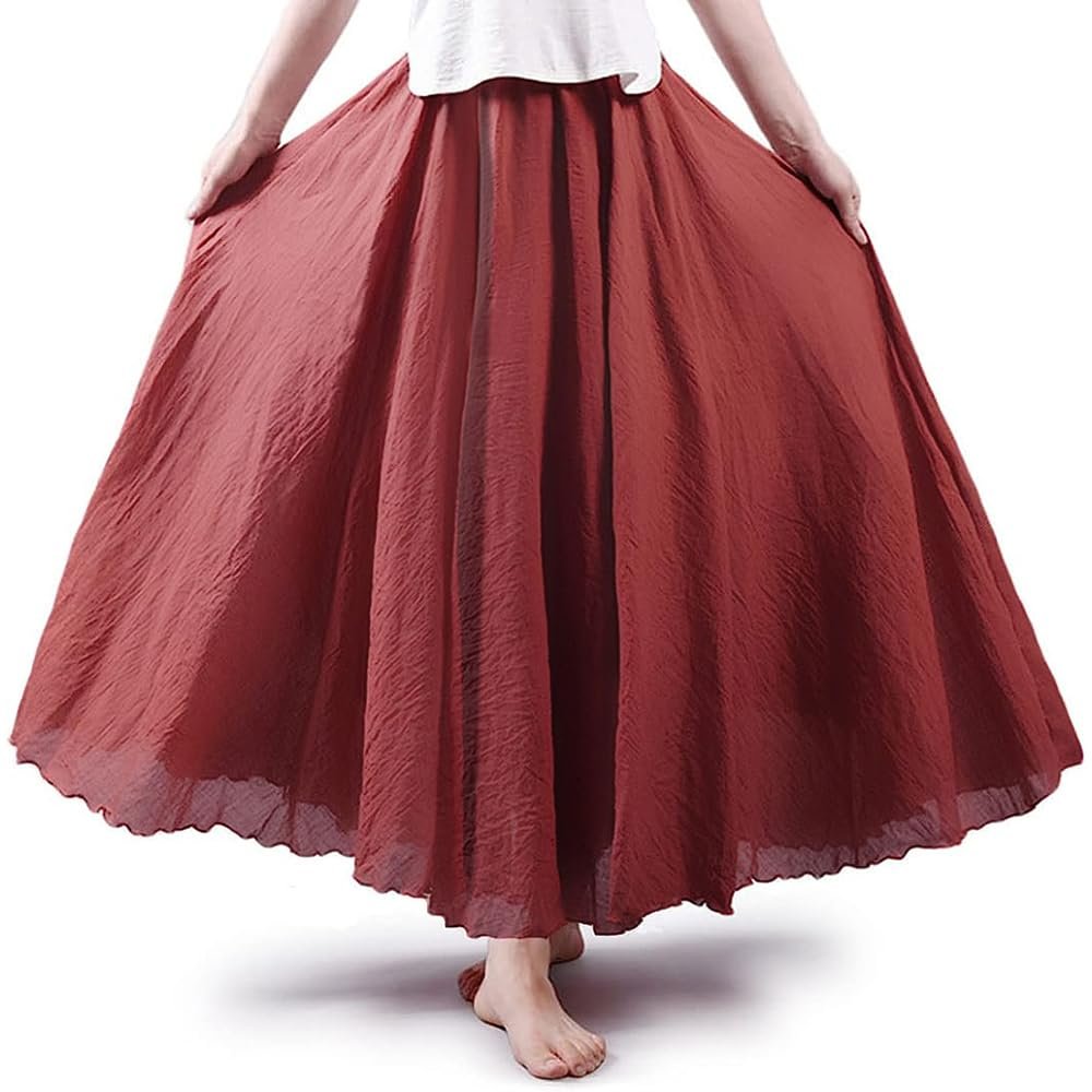 ASHER FASHION Women's Bohemian Style Elastic Waist Band Cotton Linen Long Maxi Skirt Dress (95CM, Rust Red)