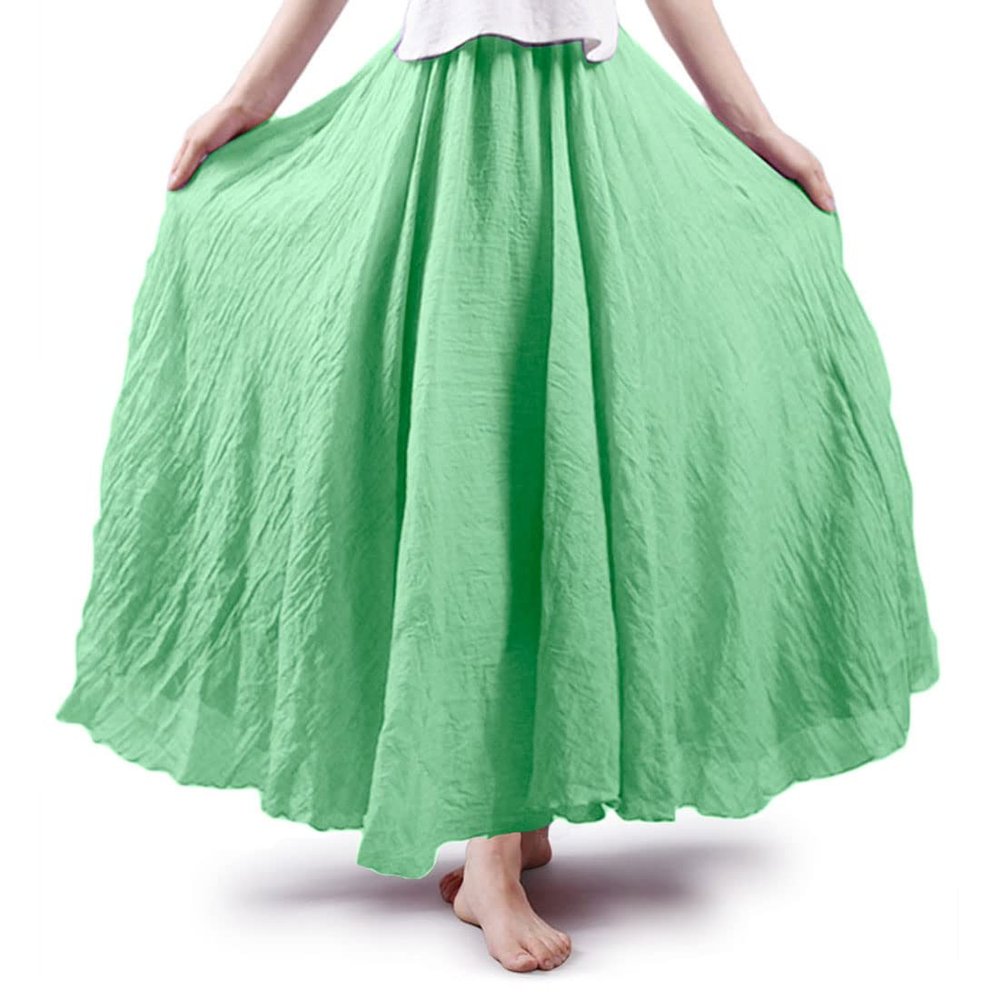 ASHER FASHION Women's Bohemian Style Elastic Waist Band Cotton Linen Long Maxi Skirt Dress (95CM, Fruit Green)