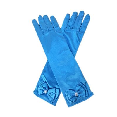 DreamHigh Kids Stretch Satin Long Finger Dress Gloves for Girl Children Party (Blue)
