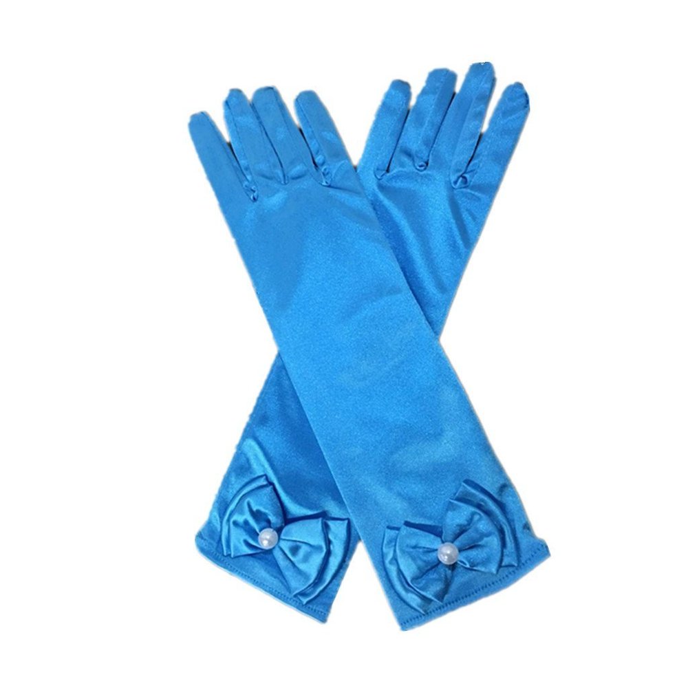 DreamHigh Kids Stretch Satin Long Finger Dress Gloves for Girl Children Party (Blue)