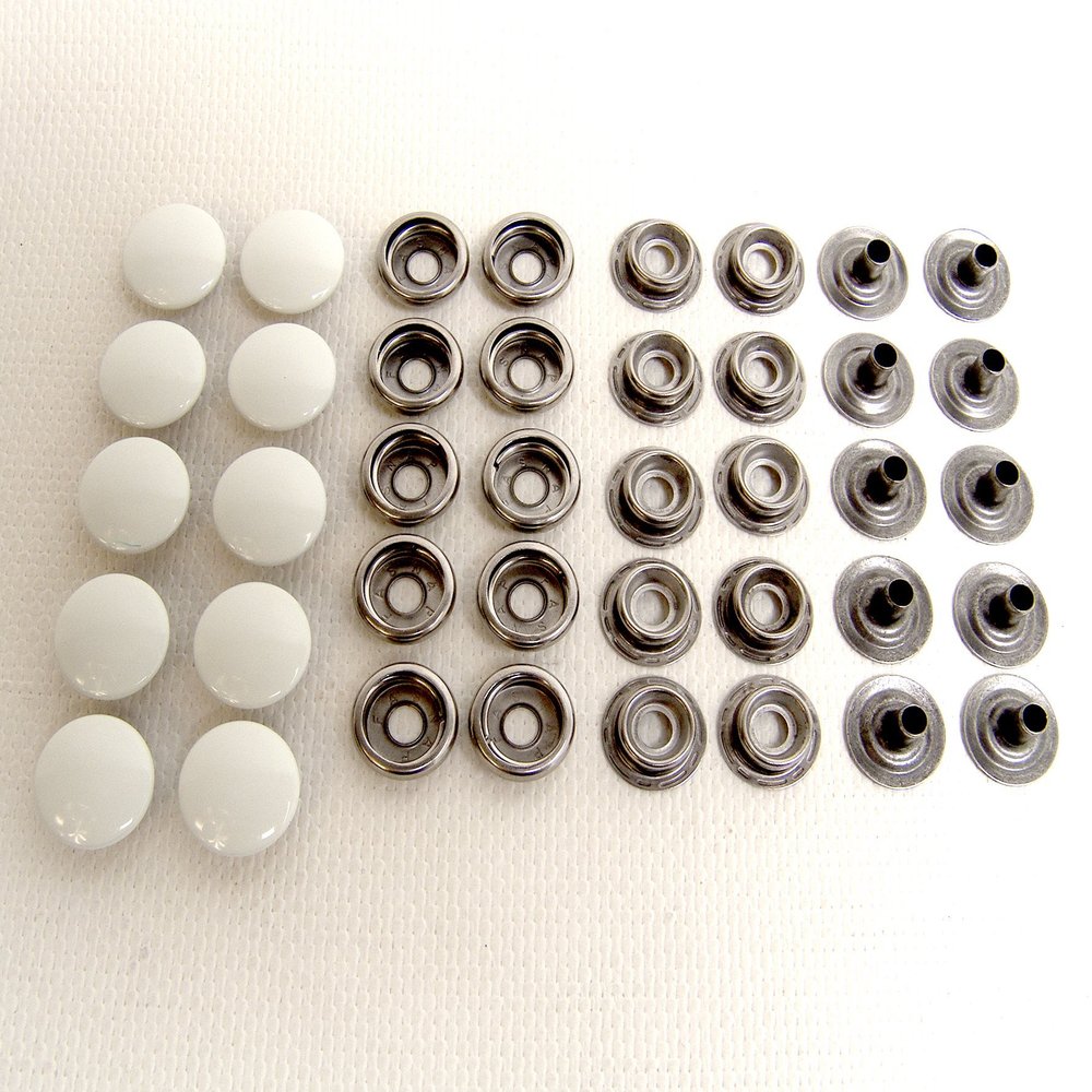 Snap Set, White Enamel Finish on Cap, 10 Piece Set, Cap - Socket - Stud - Post, Stainless Steel (White)