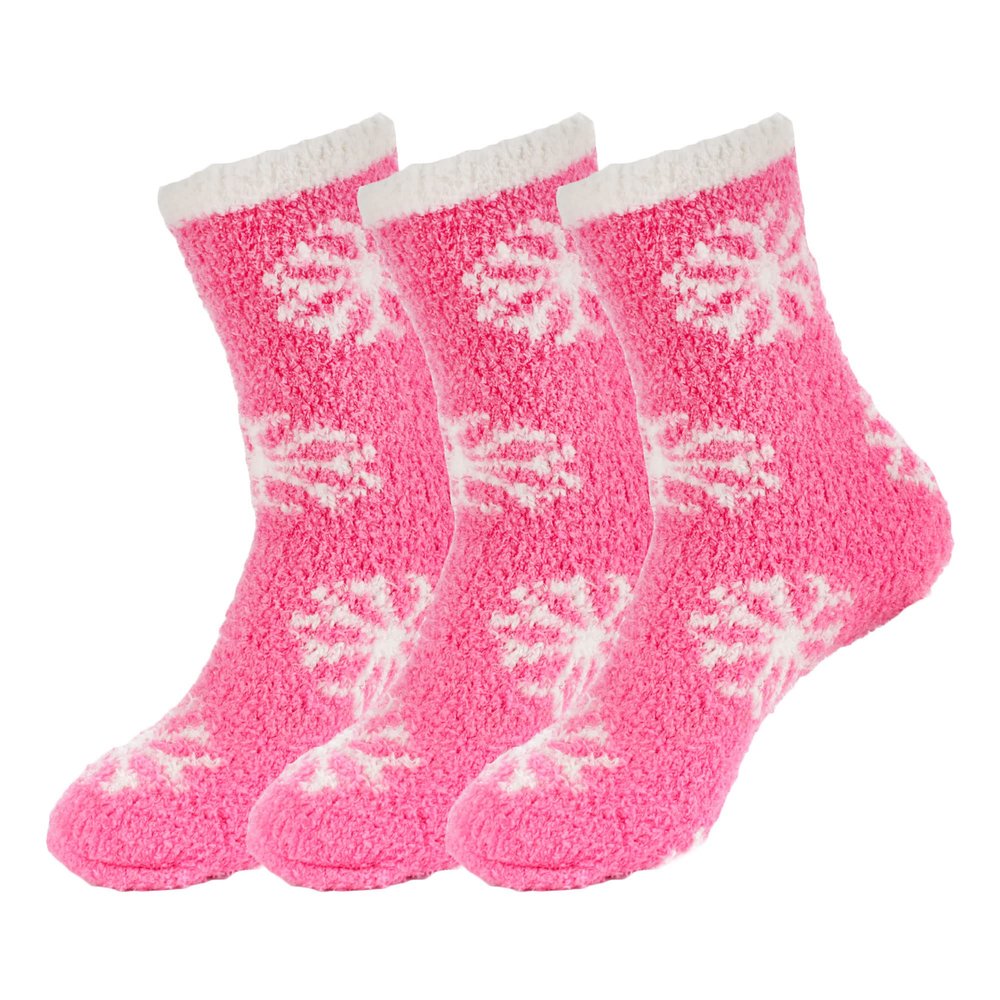 BambooMN X-Large Soft Warm Cozy Fuzzy Snowflake Crew Socks, 04 Hot Pink, 3 Pairs
