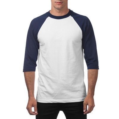 Pro Club Men's 3/4 Sleeve Crew Neck Baseball T-Shirt, White/Navy, Large