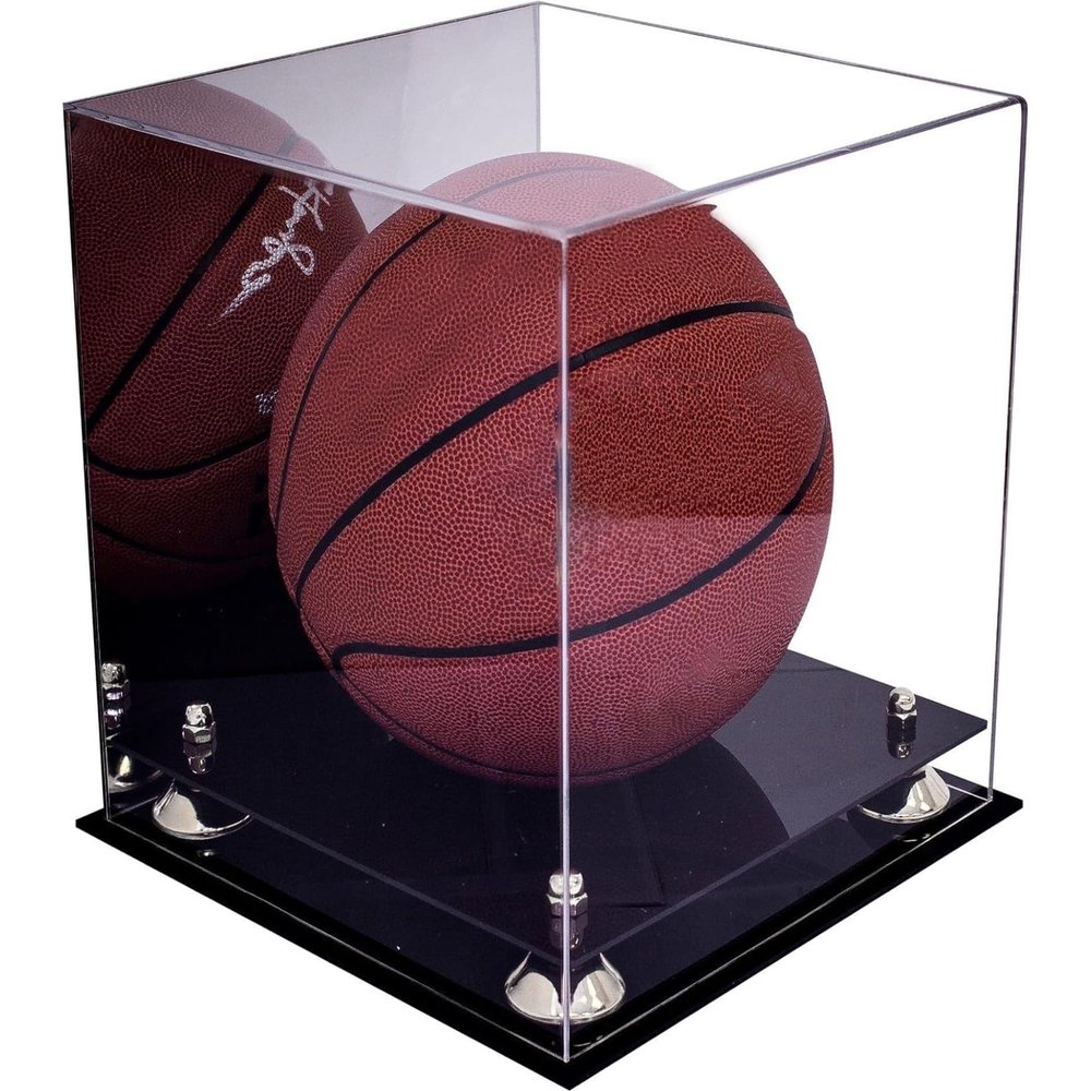 Better Display Cases Clear Acrylic Full Size Basketball Display Case with Mirror Case, Silver Risers and Black Base(A001/B01)