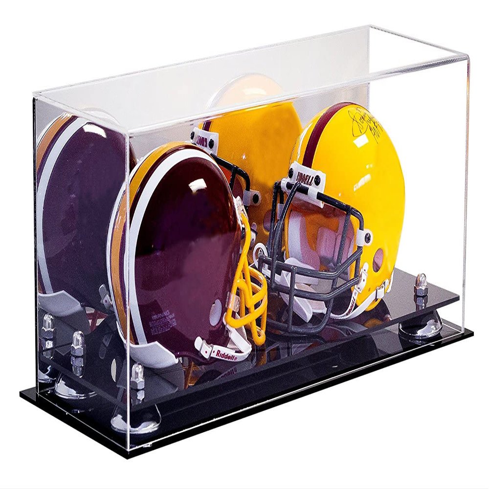 Better Display Cases Acrylic Double Mini - Miniature (not Full Size) Football Helmet or Mini Goalie Mask Display Case with Mirror Case, Silver Risers and Black Base (A019-SR)