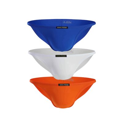 BRAVE PERSON Low Waist Bikini Swimwear Men's Underwear 3-Pack B1133 (S, Blue/White/Orange)