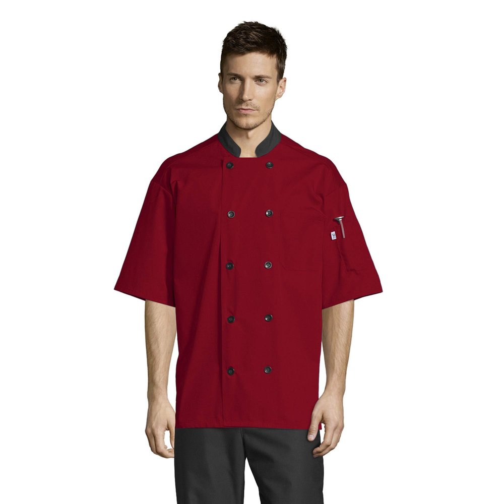 Uncommon Threads Unisex Havana Chef Coat Ss Mesh Blk Trm, Red, Small