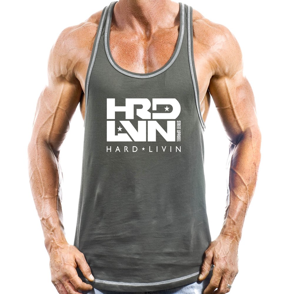 Monsta Clothing Co. Men's Workout (HRD-LVN Hard Livin) Gym RCBK Tank Top (G:GY)