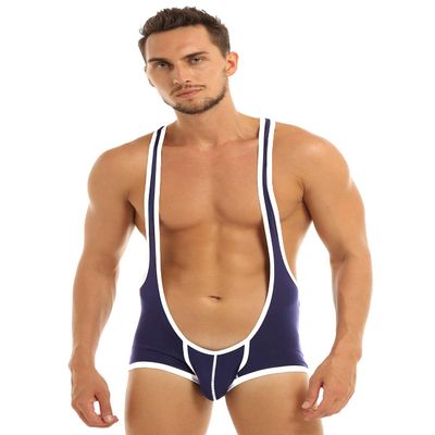 FEESHOW Men's Suspender Singlet Bulge Pouch Leotard Bodysuit Underwear Briefs (Blue, XL)