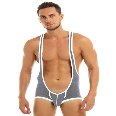 FEESHOW Men's Suspender Singlet Bulge Pouch Leotard Bodysuit Underwear Briefs (Gray, XL)