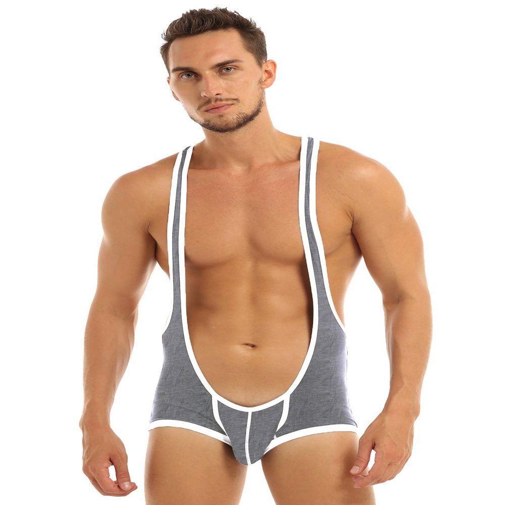 FEESHOW Men's Suspender Singlet Bulge Pouch Leotard Bodysuit Underwear Briefs (Gray, XL)