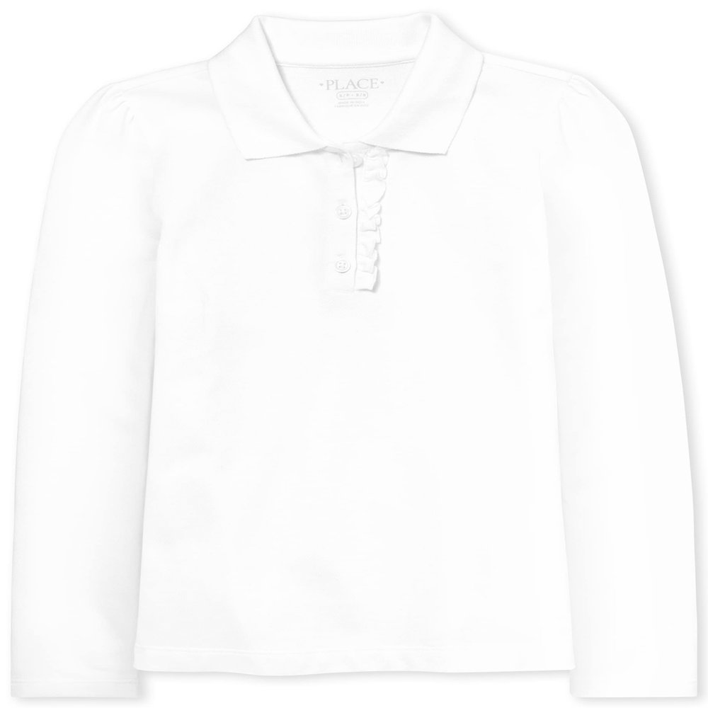 The Children's Place Girl's Long Sleeve Ruffle Pique Polo, White, Small