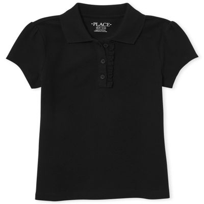 The Children's Place girls Short Sleeve Ruffle Pique School Uniform Polo Shirt, Black, Large US